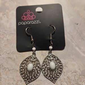 Paparazzi Silver White Filigree Leaf Dangle Earrings